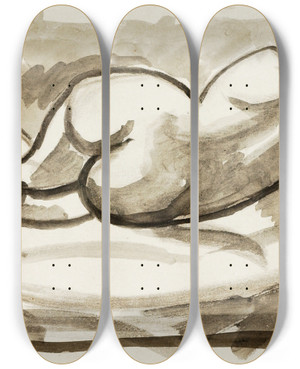 Triptych art skateboard deck of Carl Newman Reclining Female Nude 12 by Carl Newman (1858-1932)