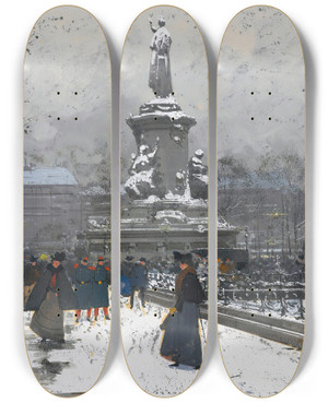 Triptych art skateboard deck of Eugne Galienlaloue La Place De La Rpublique Neige by Eugene Galien Laloue (1854-1941)