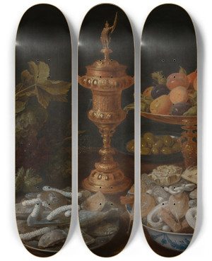 Triptych art skateboard deck of Jacob Foppens Van Es Still Life With Oysters Fruit And Pastry by Jacob Foppens Van Es (1596-1666)