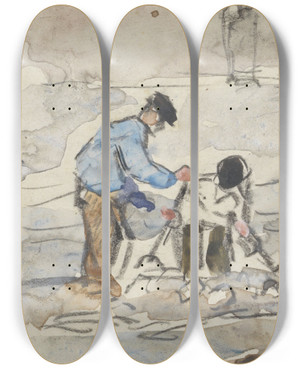 Triptych art skateboard deck of Adolf Le Comte Vier Werklieden Bezig Met Grondwerkzaamheden by Adolf Le Comte (1850-1921)