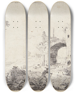 Triptych art skateboard deck of Bartholomeus Breenbergh Caracallas Termer I Forgrunden En Budbringer Med Vandrestav by Bartholomeus Breenbergh (1598-1657)