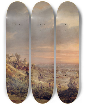 Triptych art skateboard deck of Louis Daguerre Paris Vu De La Butte Montmartre by Louis Daguerre (1787-1851)