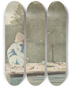 Triptych art skateboard deck of Winslow Homer Boy On A Raft by Winslow Homer (1836-1910)