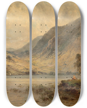 Triptych art skateboard deck of Alfred De Branski Loch Katrine by Alfred De Breanski (1852-1928)