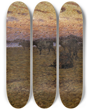 Triptych art skateboard deck of Nils Kreuger Cows On The Beach by Nils Kreuger (1858-1930)