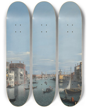 Triptych art skateboard deck of Venetian School Venice The Grand Canal Looking East Towards The Dogana by Venetian School