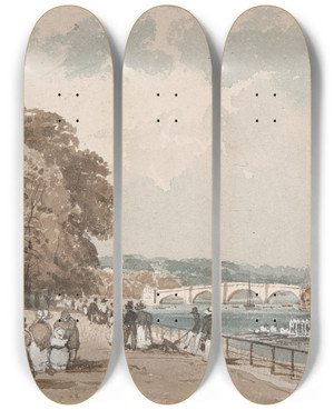Triptych art skateboard deck of William Alfred Delamotte Richmond Bridge by William Alfred Delamotte (1775-1863)
