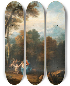 Triptych art skateboard deck of Francesco Zuccarelli Landscape With The Rest On The Flight Into Egypt by Francesco Zuccarelli (1702-1788)