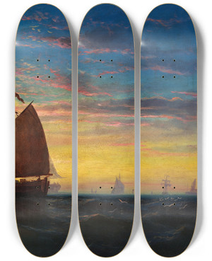 Triptych art skateboard deck of Charles Manger Boston Harbor by Charles Manger (1832-1870)