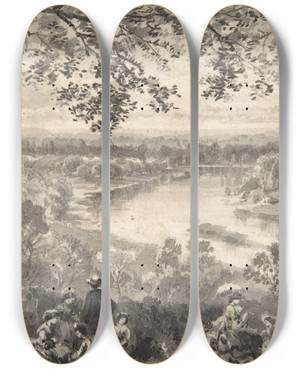 Triptych art skateboard deck of David Octavius Hill View Of The Thames With Figures In Foreground by David Octavius Hill (1802-1870)