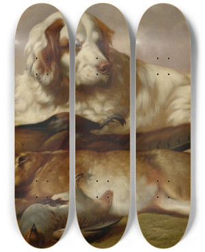 Triptych art skateboard deck of William Gillard Guarding The Bag by William Gillard (1812-1897)