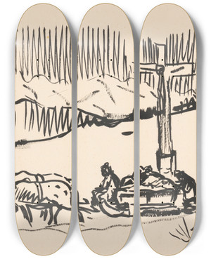 Triptych art skateboard deck of Arnold Peter Weiszkubnan On A Sleigh Arnold by Arnold Peter Weisz-Kubnan (1898-1944)