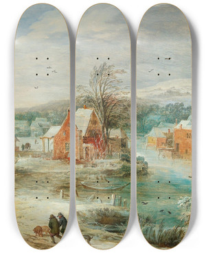 Triptych art skateboard deck of Joos De Momper A Winter Landscape With A Village And Travellers On A Path by Joos de Momper (1564-1634)