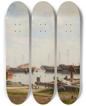 Triptych art skateboard deck of Christoffer Wilhelm Eckersberg Parti Af Nyholm Med Kranen Og Nogle Krigsskibe by Christoffer Wilhelm Eckersberg (1783-1853)