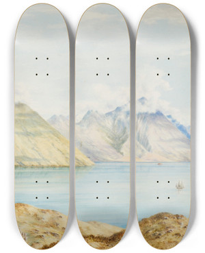 Triptych art skateboard deck of Charles Decimus Barraud A South Island Scene by Charles Decimus Barraud (1822-1897)