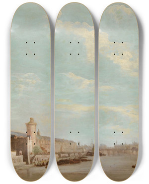 Triptych art skateboard deck of Abraham De Verwer View Of Parisfrom Thepontroyalwith The Grande Galerie Du Louvre The Pontneuf And The Nesle Tower by Abraham de Verwer (1585-1650)