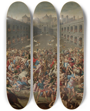 Triptych art skateboard deck of Claude Druet The Rape Of The Sabine Women by Claude Deruet (1588-1660)