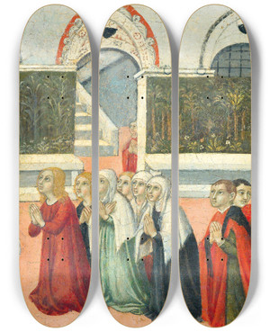 Triptych art skateboard deck of Sano Di Pietro The Preaching Of Saint Bernardino by Sano di Pietro (1406-1481)