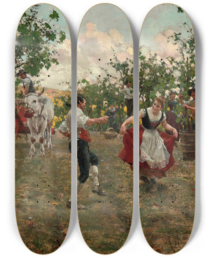 Triptych art skateboard deck of Raffaello Sorbi The Harvest Dance by Raffaello Sorbi (1844-1931)