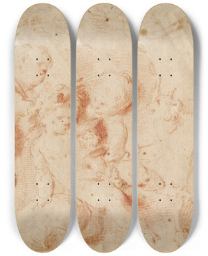 Triptych art skateboard deck of Jacob De Wit Putti In Bacchisch Tafereel by Jacob de Wit (1695-1754)