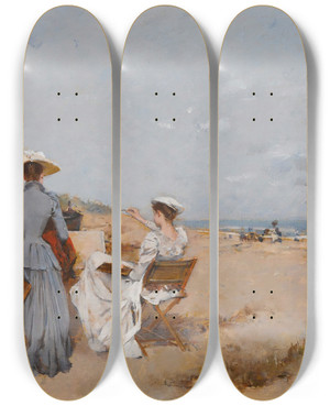 Triptych art skateboard deck of Francesc Miralles I Galaup Paintingon The Beach by Francesc Miralles I Galaup (1848-1901)