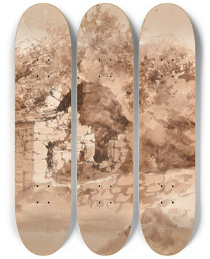 Triptych art skateboard deck of Jacquesraymond Brascassat Ruines De Bergerie by Jacques Raymond Brascassat (1804-1867)