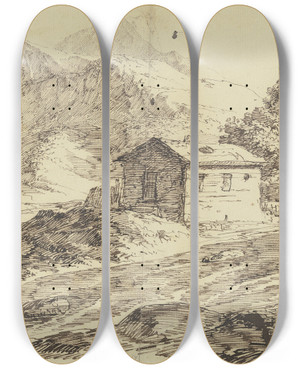 Triptych art skateboard deck of Carl Friedrich Von Rumohr Alpental Mit Bach Und Zwei Almhtten by Carl Friedrich Von Rumohr
