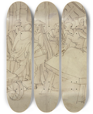 Triptych art skateboard deck of Jan Van De Velde Ii Market Scene by Jan van de Velde II (1593-1641)
