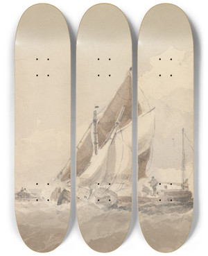 Triptych art skateboard deck of George Chambers Sailing Barges And Boats In A Choppy Sea by George Chambers (1803-1840)