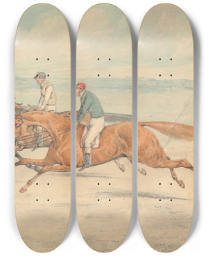 Triptych art skateboard deck of Henry Thomas Alken Three Racehorses With Jockeys Up Galloping In A Group To Left by Henry Thomas Alken (1785-1851)