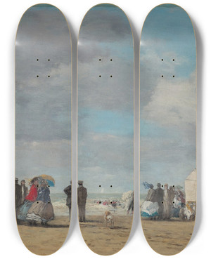 Triptych art skateboard deck of Eugne Boudin The Beach At Trouville by Eugene Boudin (1824-1898)