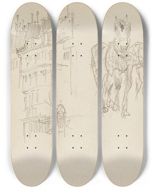 Triptych art skateboard deck of Frdric Houbron Faades Dimmeubles Et Chevaux by Frederic Houbron (1851-1908)