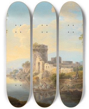 Triptych art skateboard deck of Franz Scheyerer Flusslandschaft Mit Am Ufer Gelegenen Ruinen by Franz Scheyerer (1770-1839)