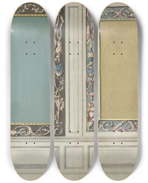 Triptych art skateboard deck of Abraham Meertens Ontwerp Voor Kamerversiering Met Twee Rechthoekige Panelen In Geel En Groen by Abraham Meertens (1747-1823)