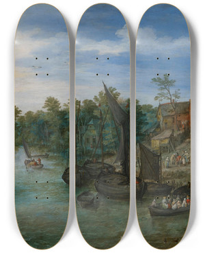 Triptych art skateboard deck of Jan Brueghel The Elder River Landscape_1 by Jan Brueghel The Elder (1568-1625)