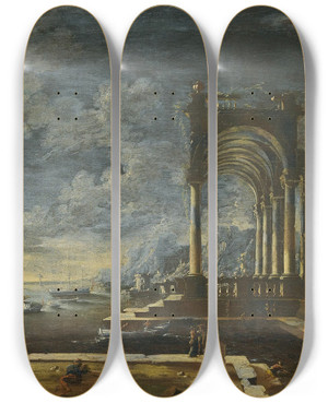 Triptych art skateboard deck of Leonardo Coccorante Classic Ruins With Fountain On The Sea by Leonardo Coccorante (1680-1750)