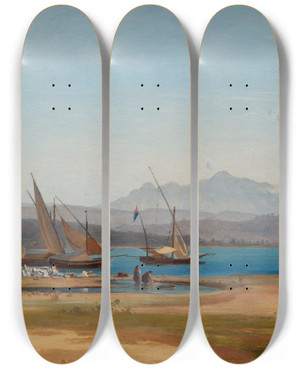 Triptych art skateboard deck of Joseph Magnus Stck View From La Spezia_1 by Joseph Magnus Stack (1812-1868)