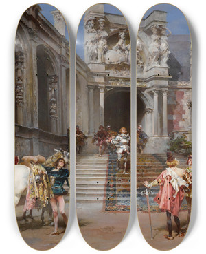 Triptych art skateboard deck of Ludovico Marchetti The Knight Of The Lily by Ludovico Marchetti (1853-1909)