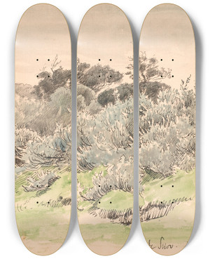 Triptych art skateboard deck of P C Skovgaard Landskab Med Krat by P C Skovgaard (1817-1875)