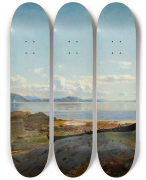 Triptych art skateboard deck of Amaldus Nielsen Approach To Hardanger Lve by Amaldus Nielsen (1838-1932)