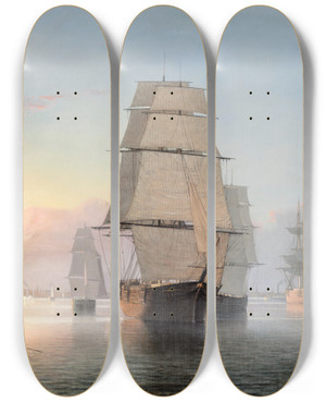 Triptych art skateboard deck of Fitz Henry Lane Boston Harbor Sunset by Fitz Henry Lane (1804-1865)