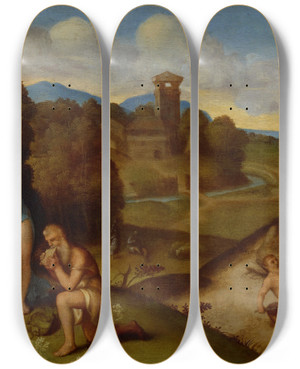 Triptych art skateboard deck of Circle Of Giorgione Allegory by Circle Of Giorgione (1477-1510)