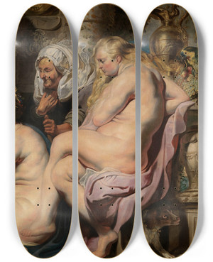 Triptych art skateboard deck of Jacob Jordaens The Daughters Of Cecrops Finding The Child Erichthonius by Jacob Jordaens (1593-1678)