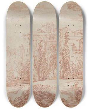 Triptych art skateboard deck of Franois Lemoyne An Italian Walled Town Seen Through Trees by Francois Lemoyne (1688-1737)