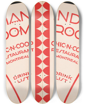 Triptych art skateboard deck of Winold Reiss Designs For Indian Room Chicncoop Restaurant Montreal Canada by Winold Reiss (1886-1953)