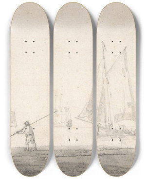Triptych art skateboard deck of Willem Van De Velde The Younger Boats Becalmed by Willem van de Velde the Younger (1633-1707)