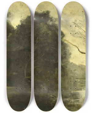 Triptych art skateboard deck of Jeanbaptistecamille Corot Pond In The Woods by Jean-Baptiste-Camille Corot (1796-1875)