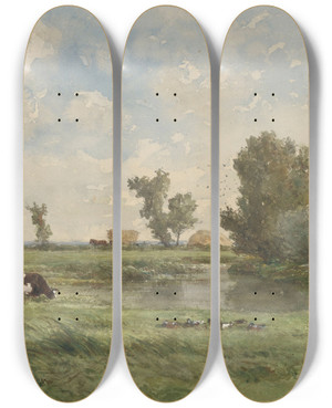 Triptych art skateboard deck of Willem Roelofs Weiland Met Koeien by Willem Roelofs (1822-1897)
