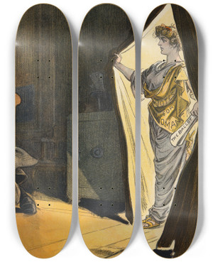 Triptych art skateboard deck of Udo Keppler Twos Company Threes A Crowd by Udo Keppler (1872-1956)