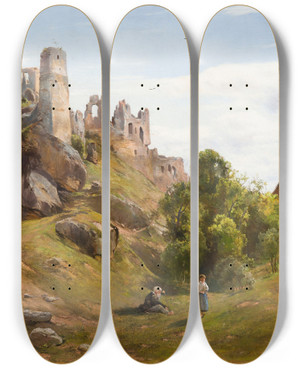 Triptych art skateboard deck of Henryk Grabiski Ruins Of Odrzyko by Henryk Grabinski (1842-1903)